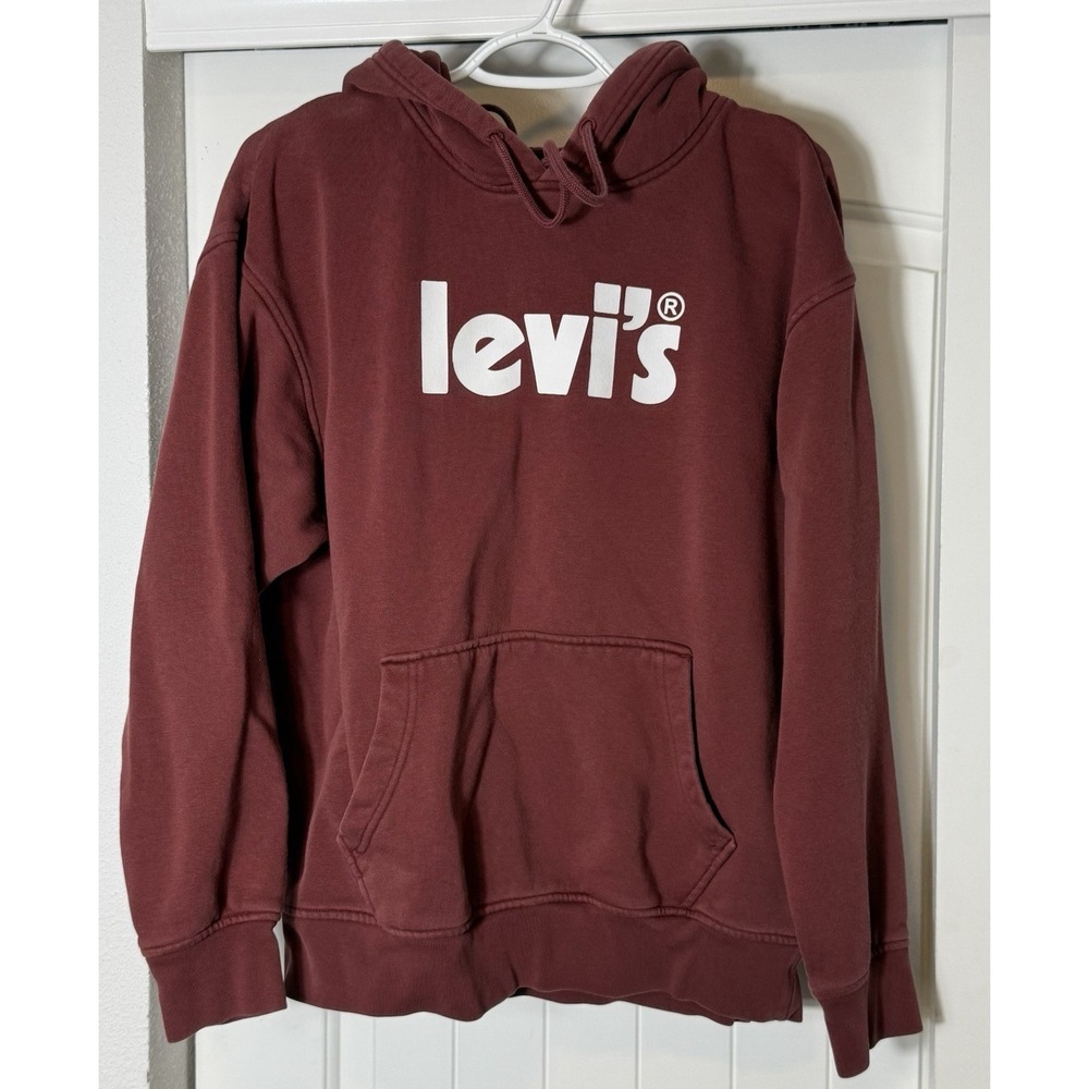 Levis Hoodie Mens Medium‎ Sweatshirt Red Long Sleeves Pocket Maroon